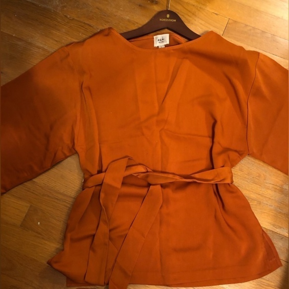 Eci Burnt Orange Tie Waist 3/4 sleeve long silky blouse size large - Picture 2 of 9